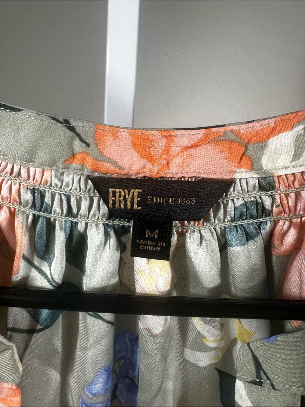 S62. Frye- Floral Button-Front Peasant Blouse - Olive with Orange & Blue Flowers - Picture 2 of 6